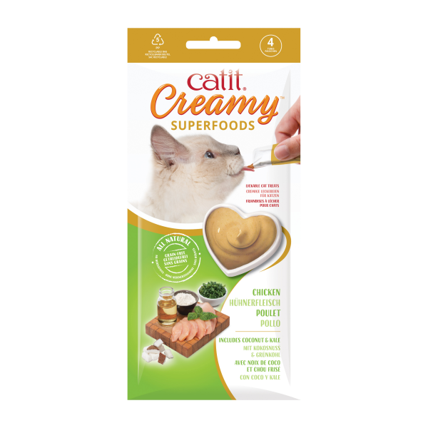 Catit Creamy Superfood Treats, Chicken Recipe with Coconut & Kale 4 tubes x 10g