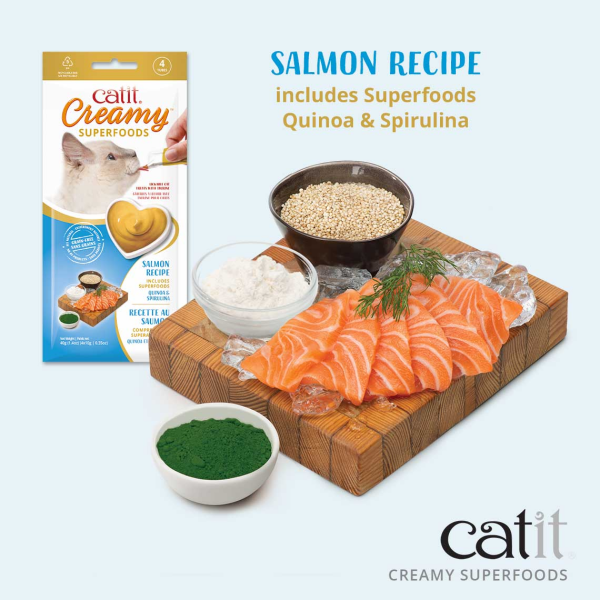 Catit Creamy Superfood Treats, Salmon Recipe with Quinoa & Spirulina 4 tubes x 10g