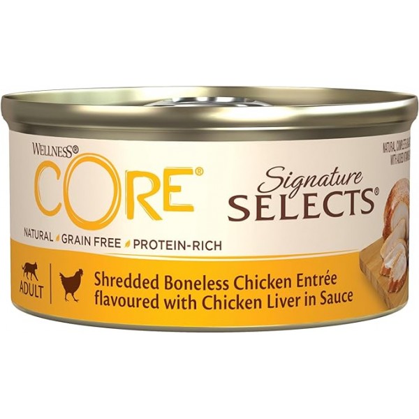 Wellness CORE Signature Selects Shredded Boneless Chicken Entree flavoured with Chicken Liver in Sauce for Cat, (79g X 24)