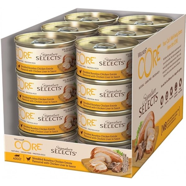 Wellness CORE Signature Selects Shredded Boneless Chicken Entree flavoured with Chicken Liver in Sauce for Cat, (79g X 24)