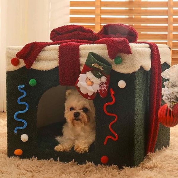 Christmas Cat Bed House ( M ) - Washable and Soft Dog Bed,Cat Cave with Detachable Pillow Box Shape for Pet Cat Kitten Dog Puppy Rabbit Bunny Ziyuan 