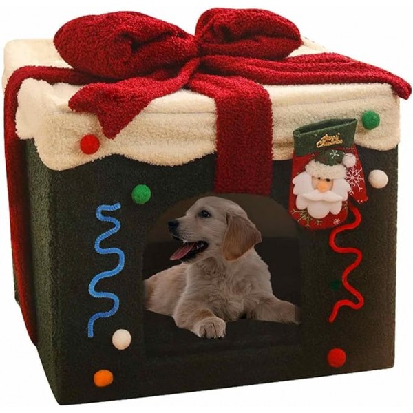 Christmas Cat Bed House ( M ) - Washable and Soft Dog Bed,Cat Cave with Detachable Pillow Box Shape for Pet Cat Kitten Dog Puppy Rabbit Bunny Ziyuan