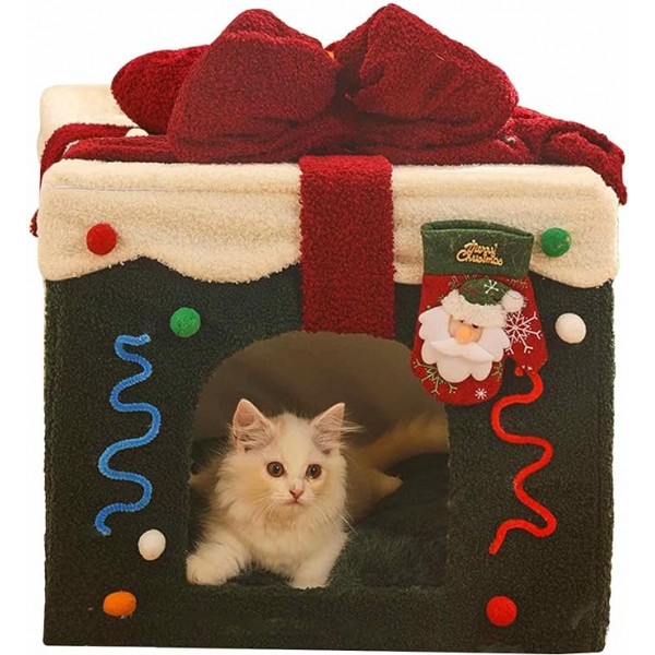 Christmas Cat Bed House ( M ) - Washable and Soft Dog Bed,Cat Cave with Detachable Pillow Box Shape for Pet Cat Kitten Dog Puppy Rabbit Bunny Ziyuan