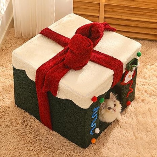 Christmas Cat Bed House ( M ) - Washable and Soft Dog Bed,Cat Cave with Detachable Pillow Box Shape for Pet Cat Kitten Dog Puppy Rabbit Bunny Ziyuan 