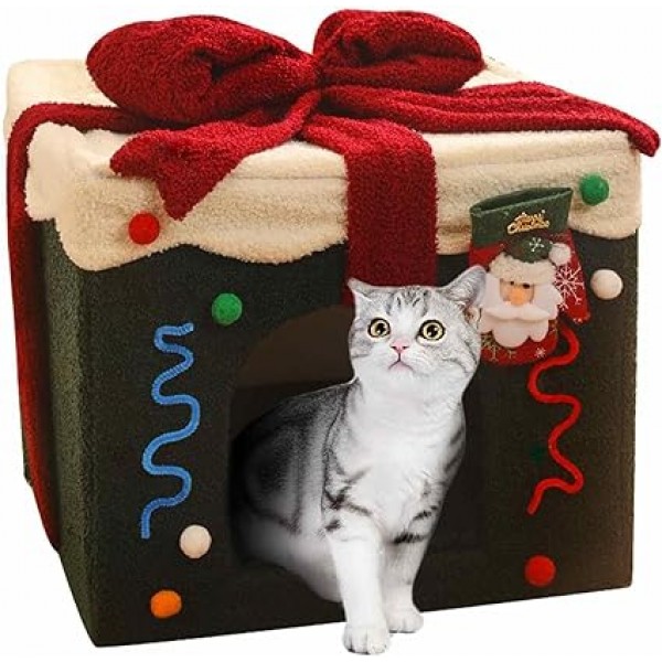 Christmas Cat Bed House ( L )- Washable and Soft Dog Bed,Cat Cave with Detachable Pillow Box Shape for Pet Cat Kitten Dog Puppy Rabbit Bunny Ziyuan 