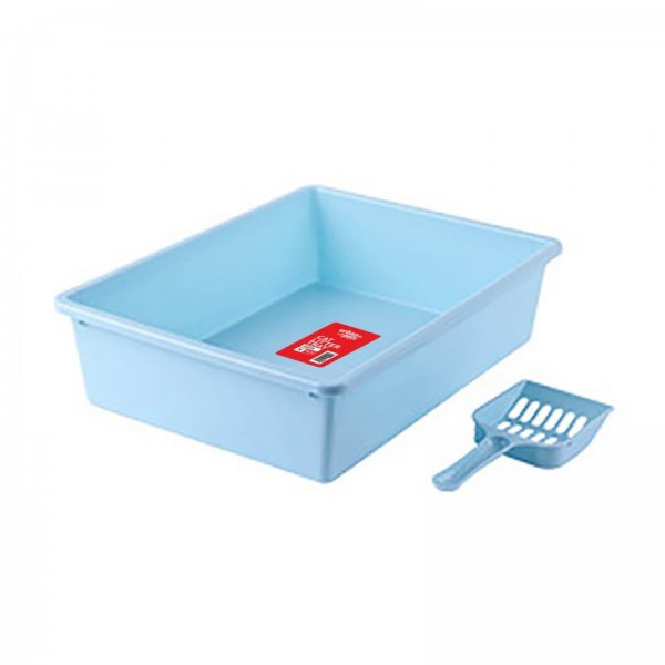 Cat Litter Tray with Scoop - Blue - M Size, 38 x 28 x 10 cm