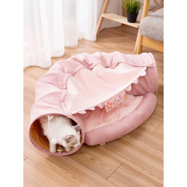 Beauenty Cat Toy Collapsible Tunnel Bed Comfortable Cave, Round Hug and Snuggle Hole Pet Nest Bed Channel Detachable Cover Suitable for Kittens-Free 2 Rotating Catnip Balls ( PINK )