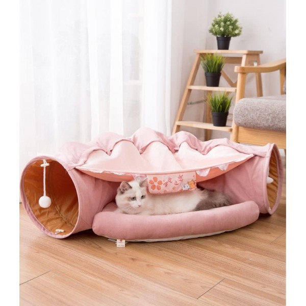 Beauenty Cat Toy Collapsible Tunnel Bed Comfortable Cave, Round Hug and Snuggle Hole Pet Nest Bed Channel Detachable Cover Suitable for Kittens-Free 2 Rotating Catnip Balls ( PINK )