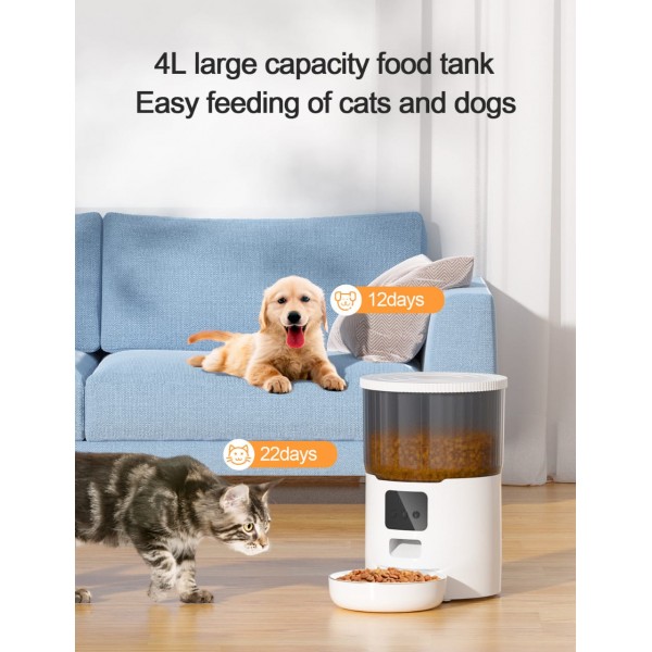 Smart 4L Automatic Cat Feeder - Automatic Pet Feeder for Cats & Dogs: Timed Pet Dog Food Dispenser with Stainless Steel Bowl,Wi-Fi Enabled App for iPhone and Android,10s Voice,Portion Control