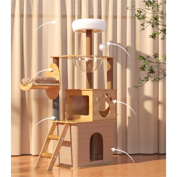 Cat tree-150cm Cat tower-Cat tree for indoor cats  Transparent space capsule, Plush jumping platform ( Brown )