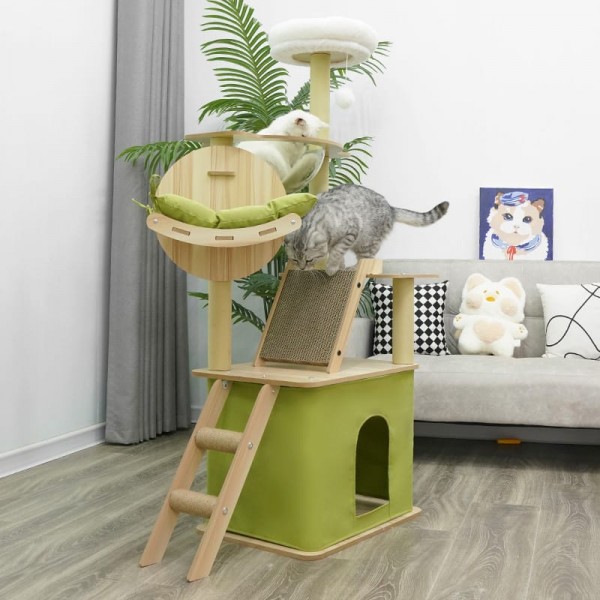 Mekidulu Cat tree-150cm Cat tower-Cat tree for indoor cats-With cat house, Transparent space capsule, Plush jumping platform, Toy ball, Green cotton pad-Cat tree for large cats(green/log color)