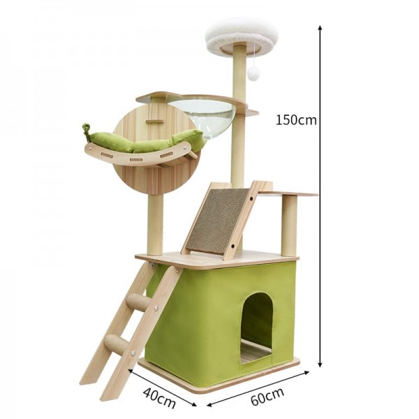 Mekidulu Cat tree-150cm Cat tower-Cat tree for indoor cats-With cat house, Transparent space capsule, Plush jumping platform, Toy ball, Green cotton pad-Cat tree for large cats(green/log color)