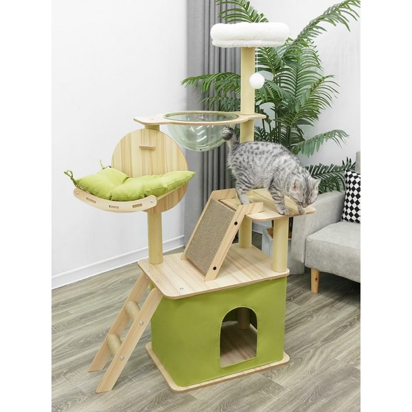 Mekidulu Cat tree-150cm Cat tower-Cat tree for indoor cats-With cat house, Transparent space capsule, Plush jumping platform, Toy ball, Green cotton pad-Cat tree for large cats(green/log color)