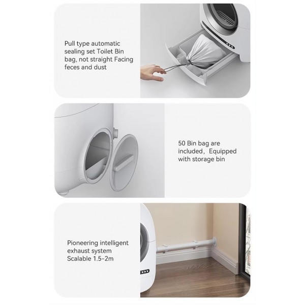 White Abs Self-cleaning Automatic Litter Box Humanized design, more convenient to use: 68L capacity water bucket is suitable for cats up to 17.64Lbs, 9L poop collection bucket