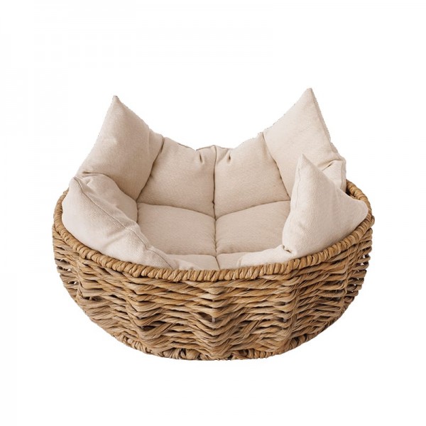 Oval Wicker Pet Bed, Cozy And Versatile, Durable Cat Lounge Bed Sleeping Basket With Cushion For Indoor Cats - Size: 48*48*15cm