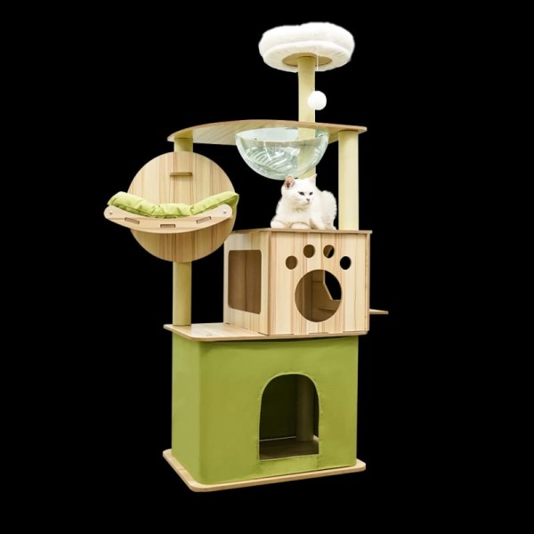 Cat tree,Cat tower-Cat tree for indoor cats Transparent space capsule, Plush jumping platform Non Ladder ( Green ) SIZE : 55 X 40 X 150 cm