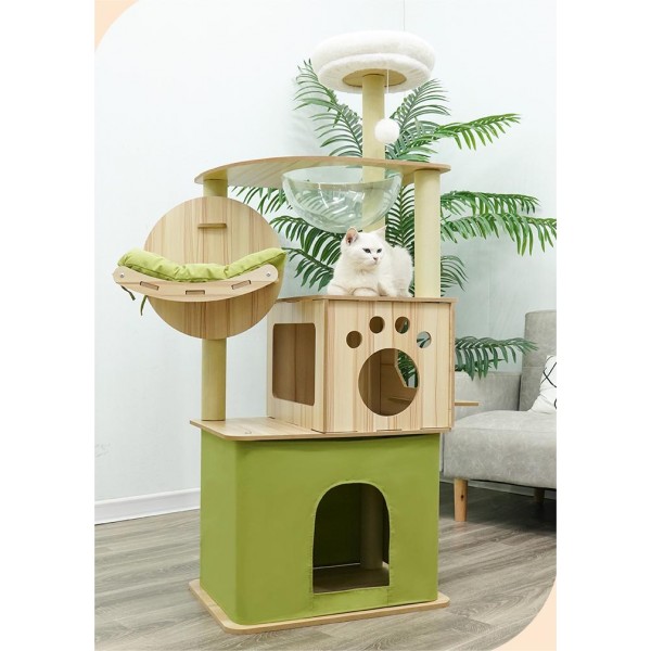 Cat tree,Cat tower-Cat tree for indoor cats Transparent space capsule, Plush jumping platform Non Ladder ( Green ) SIZE : 55 X 40 X 150 cm