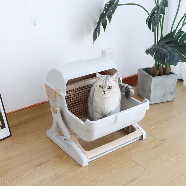 Indoor Kitty Cat Toilet Automatic Filter Litter Box Extra Large Semi-Automatic Cat Toilet,Semi-Closed Plastic Pet Toilet ( COFFEE )