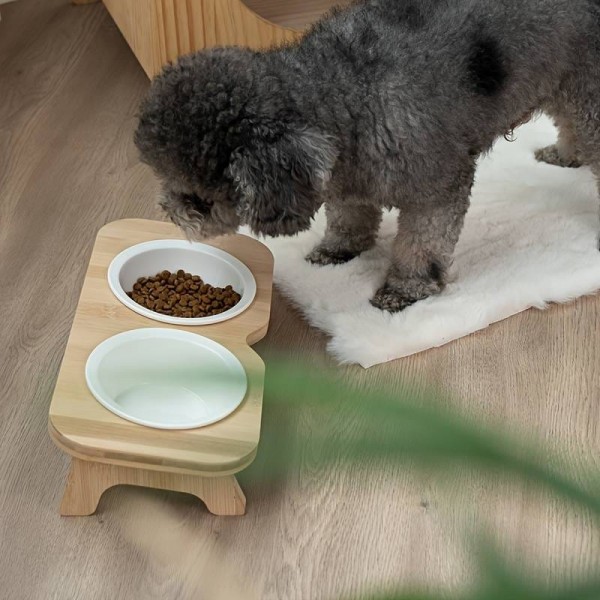 Wooden pet Feeder Table With Double Bowls, Raised Cat Inclined Food And Water Bowl For Neck Protection (33x16x8)