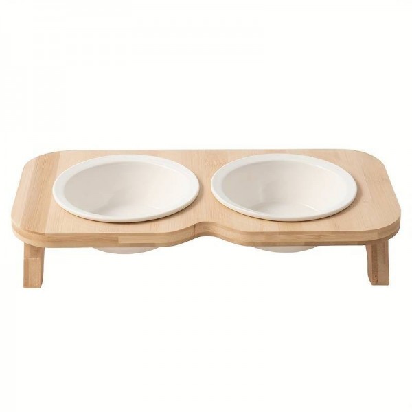 Wooden pet Feeder Table With Double Bowls, Raised Cat Inclined Food And Water Bowl For Neck Protection (33x16x8)