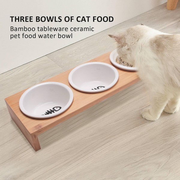 Wooden pet Feeder Table With 3 Bowls, Raised Cat Inclined Food And Water Bowl For Neck Protection (46X16X8)