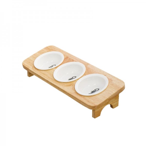 Wooden pet Feeder Table With 3 Bowls, Raised Cat Inclined Food And Water Bowl For Neck Protection (46X16X8)