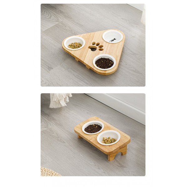 Wooden pet Feeder Table With Bowls, Raised Cat Inclined Food And Water Bowl For Neck Protection (16x16x8)