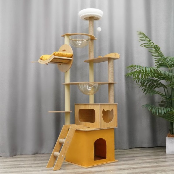 Yellow Multi-layer Cat Tree & Condo Artificial Board with Space Capsule and Ladder - Yellow