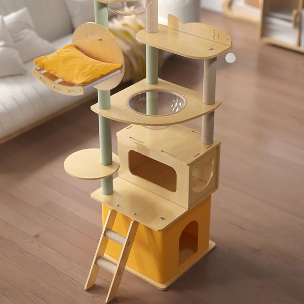 Yellow Multi-layer Cat Tree & Condo Artificial Board with Space Capsule and Ladder - Yellow