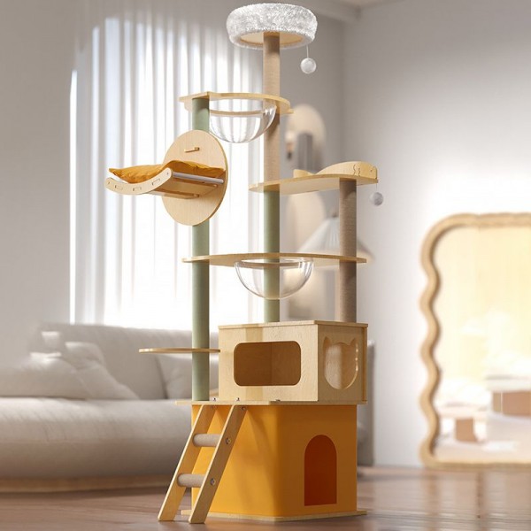 Yellow Multi-layer Cat Tree & Condo Artificial Board with Space Capsule and Ladder - Yellow