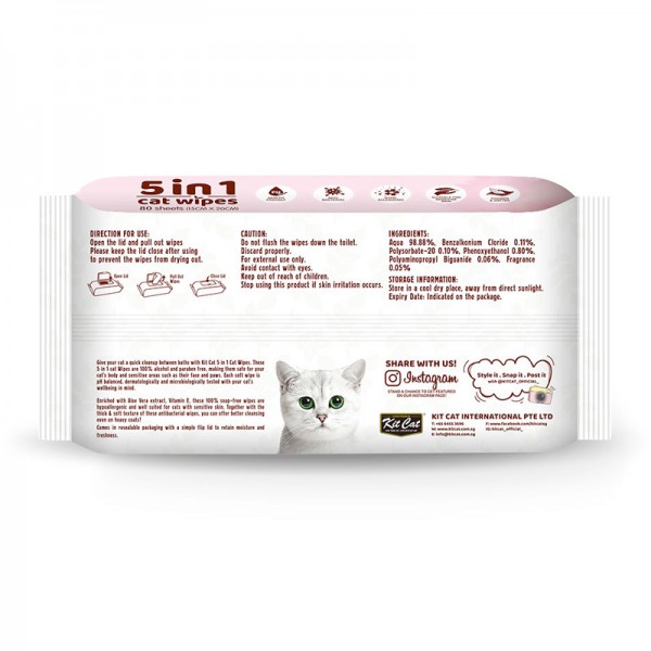 Kit Cat 5-in-1 Cat Wipes Unscented 80 SHEETS (15CM X 20CM)