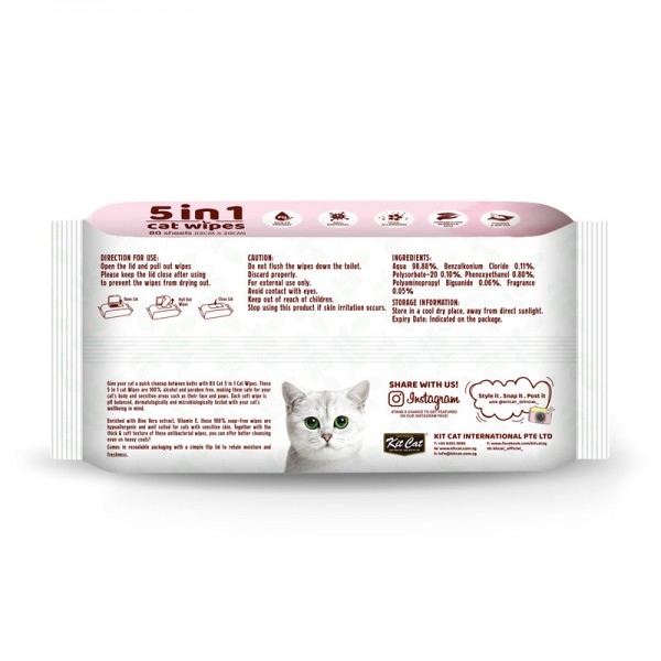 Kit Cat 5-in-1 Cat Wipes LEMON Scented 80 SHEETS (15CM X 20CM)