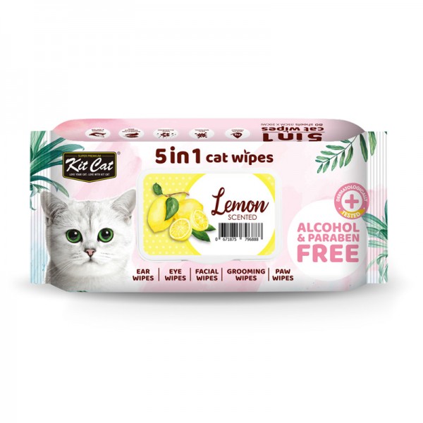 Kit Cat 5-in-1 Cat Wipes LEMON Scented 80 SHEETS (15CM X 20CM)