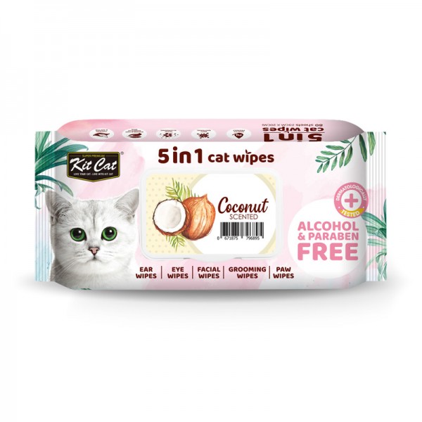 Kit Cat 5-in-1 Cat Wipes COCONUT Scented 80 SHEETS (15CM X 20CM)