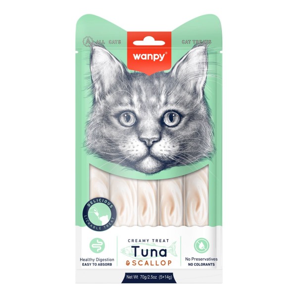 Wanpy Creamy Lickable Cat Treats – Tuna & Scallop (14gx5)