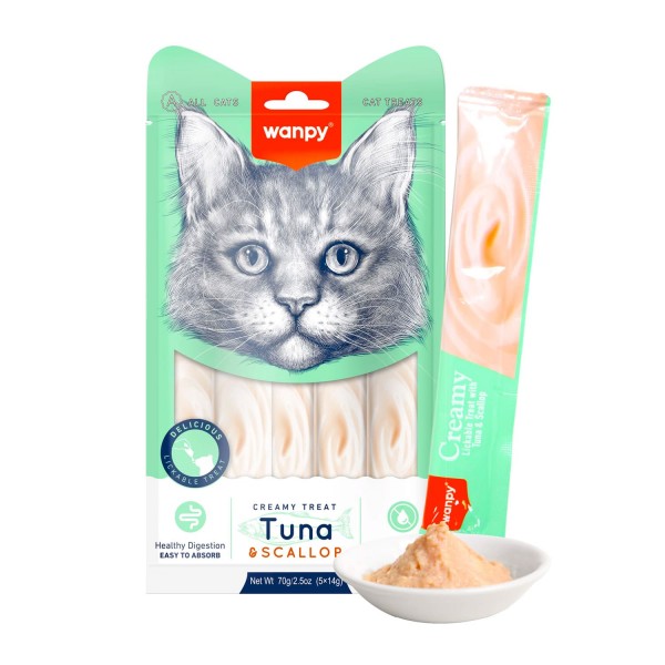 Wanpy Creamy Lickable Cat Treats – Tuna & Scallop (14gx5)