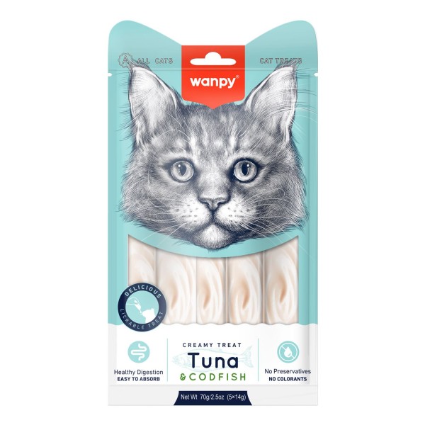 Wanpy Creamy Lickable Cat Treats – Tuna & Codfish (14gx5)