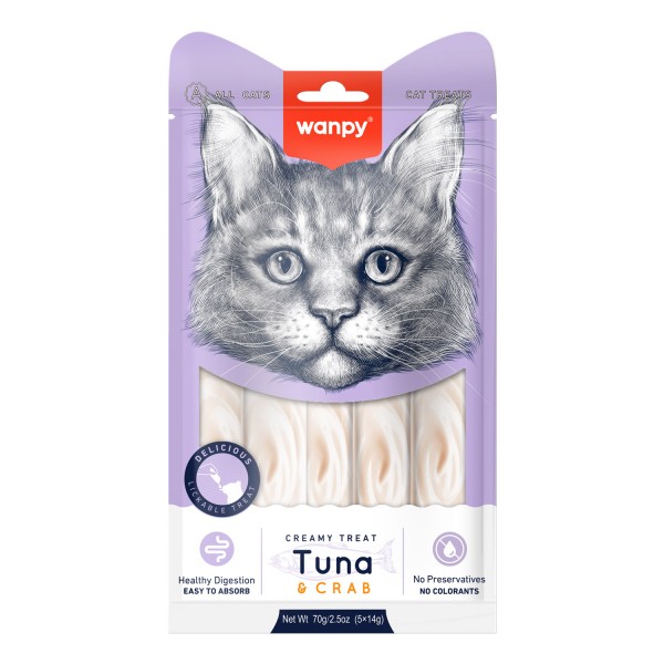 Wanpy Creamy Lickable Cat Treats – Tuna & Crab (14gx5)