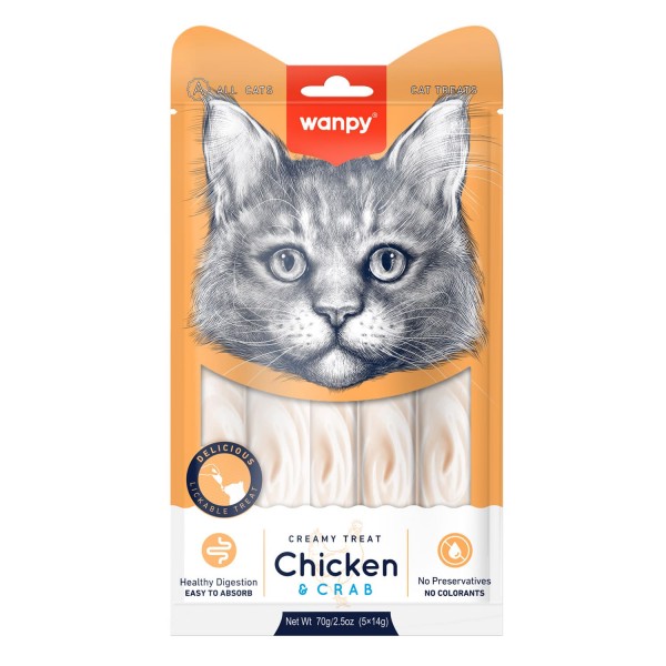 Wanpy Creamy Lickable Cat Treats – Chicken & Crab (14gx5)