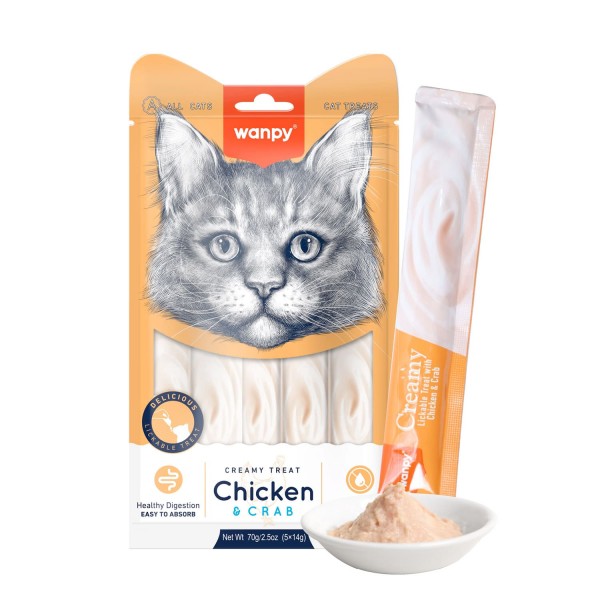 Wanpy Creamy Lickable Cat Treats – Chicken & Crab (14gx5)