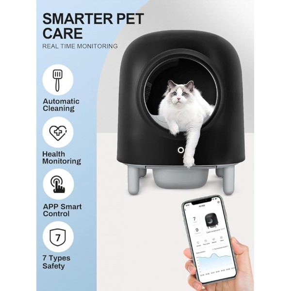 Petree Self-Cleaning Cat Litter Box with Wi-Fi Enabled, App Monitoring, Exceptional Safety – Elevate Your Cat's Hygiene, Automatic Cat Litter Box with