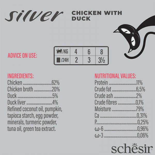 Schesir Silver Mousse & Fillets Senior Cat Wholefood - Chicken With Duck 70g (Min Order- 12 Cans)