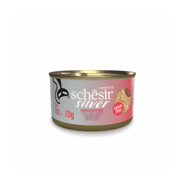 Schesir Silver Mousse & Fillets Senior Cat Wholefood - Chicken With Duck 70g (Min Order- 12 Cans)