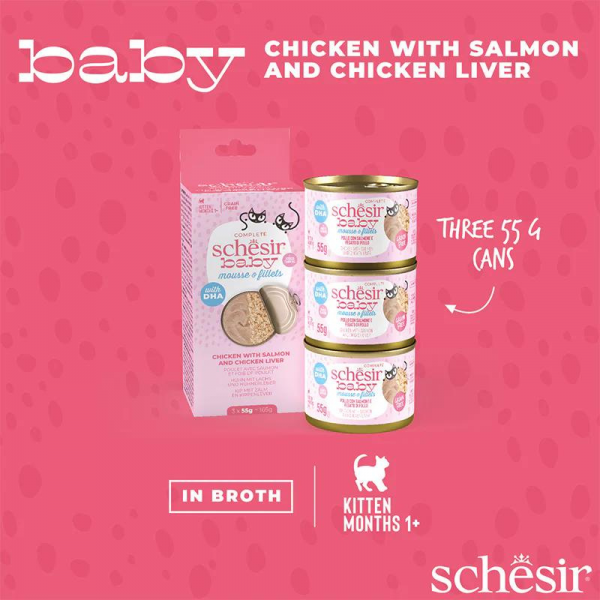 Schesir Baby Cat Can Multipack Mousse & Fillets - Chicken With Salmon & Chicken Liver 165g (3 Cans x55g)