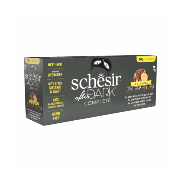 Schesir After Dark Wholefood In Broth Variety Pack For Cat 960g (80g x12 Cans) - 4 Flavors (3 Cans Each Flavor)