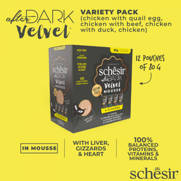 Schesir After Dark Velvet Mousse In Broth Variety Pack For Cat 960g (80g x12 Pouch) - 4 Flavors ( 3 Pouch Each Flavor)