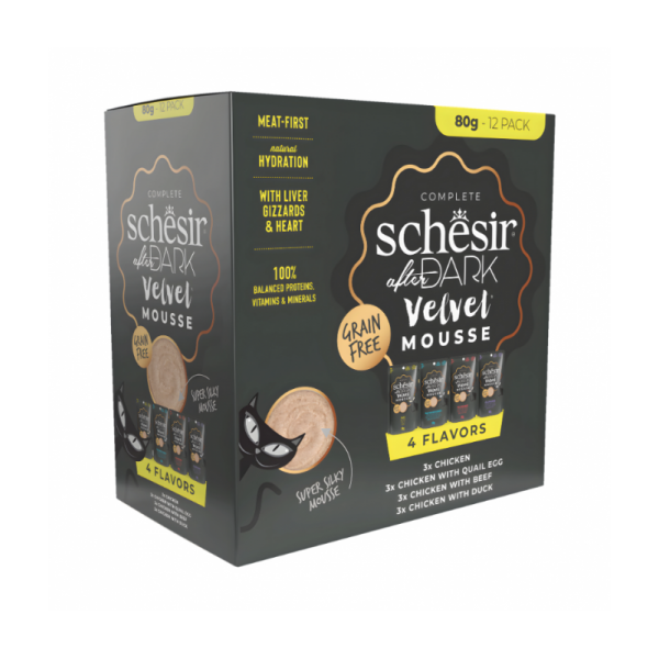 Schesir After Dark Velvet Mousse In Broth Variety Pack For Cat 960g (80g x12 Pouch) - 4 Flavors ( 3 Pouch Each Flavor)