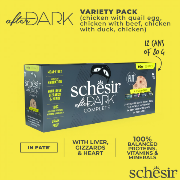 Schesir After Dark In Pate' Variety Pack For Cat 960g (80g x12 Cans) - 4 Flavors ( 3 Cans Each Flavor)