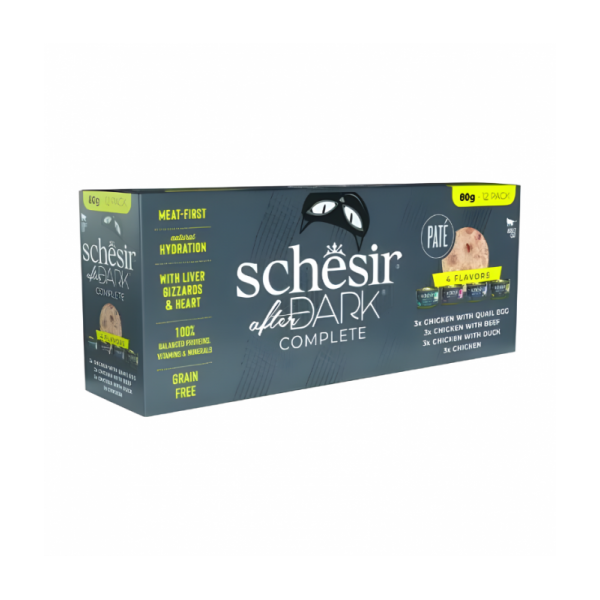 Schesir After Dark In Pate' Variety Pack For Cat 960g (80g x12 Cans) - 4 Flavors ( 3 Cans Each Flavor)