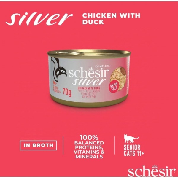 Schesir Silver Mousse & Fillets Senior Cat Wholefood - Chicken With Duck (70g X 12) 1BOX